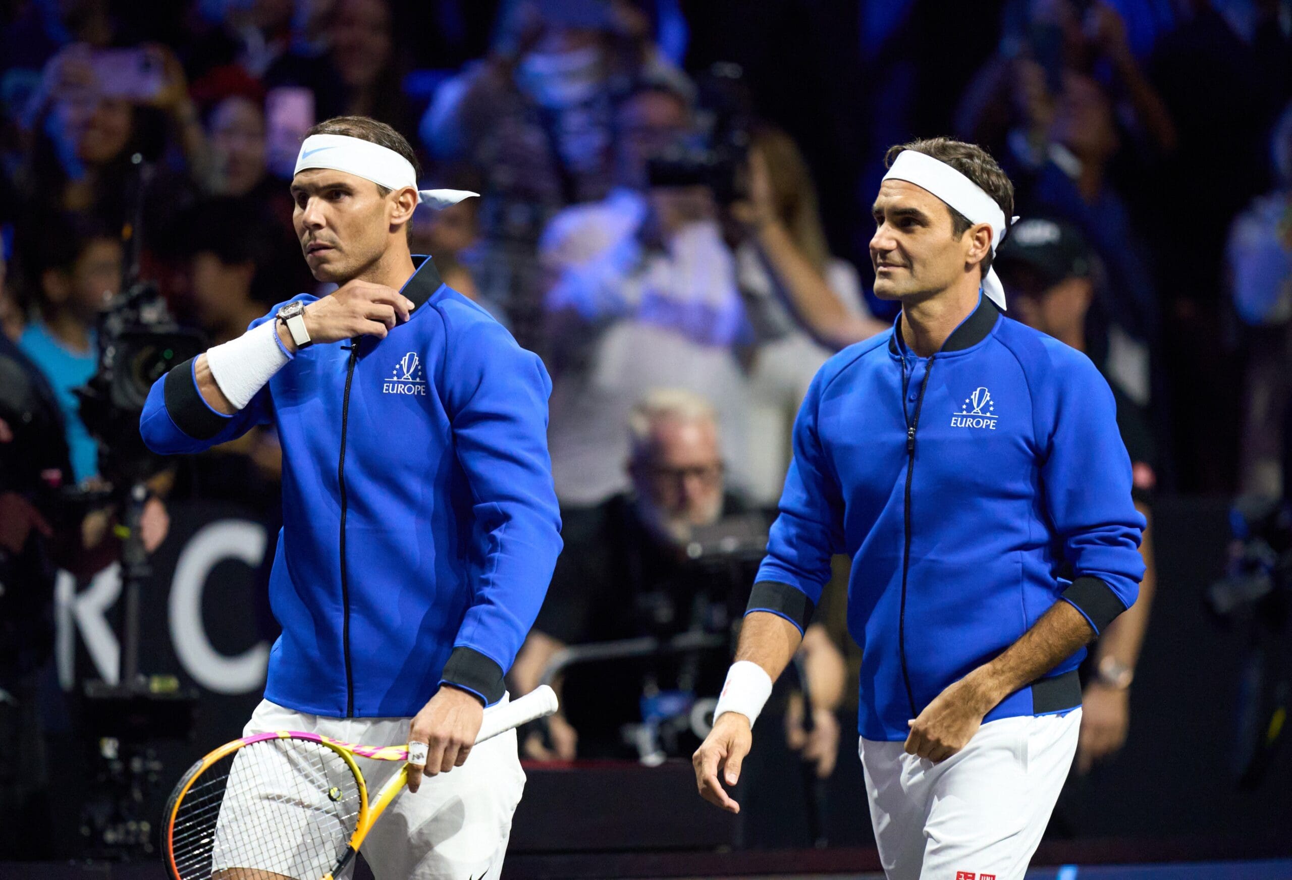 Sep 23, 2022; London, United Kingdom; Roger Federer (SUI) and doubles partner Rafael Nadal (ESP) arrive on court for their match against Jack Sock (USA) and Frances Tiafoe in the Laver Cup. Mandatory Credit: Peter van den Berg-USA TODAY Sports