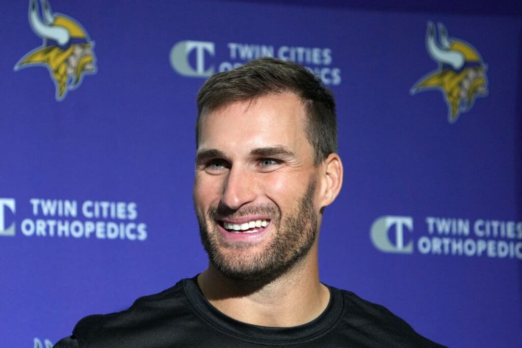 Sep 30, 2022; Thundridge, United Kingdom; Minnesota Vikings quarterback Kirk Cousins at press conference during practice at Hanbury Manor. Mandatory Credit: Kirby Lee-USA TODAY Sports