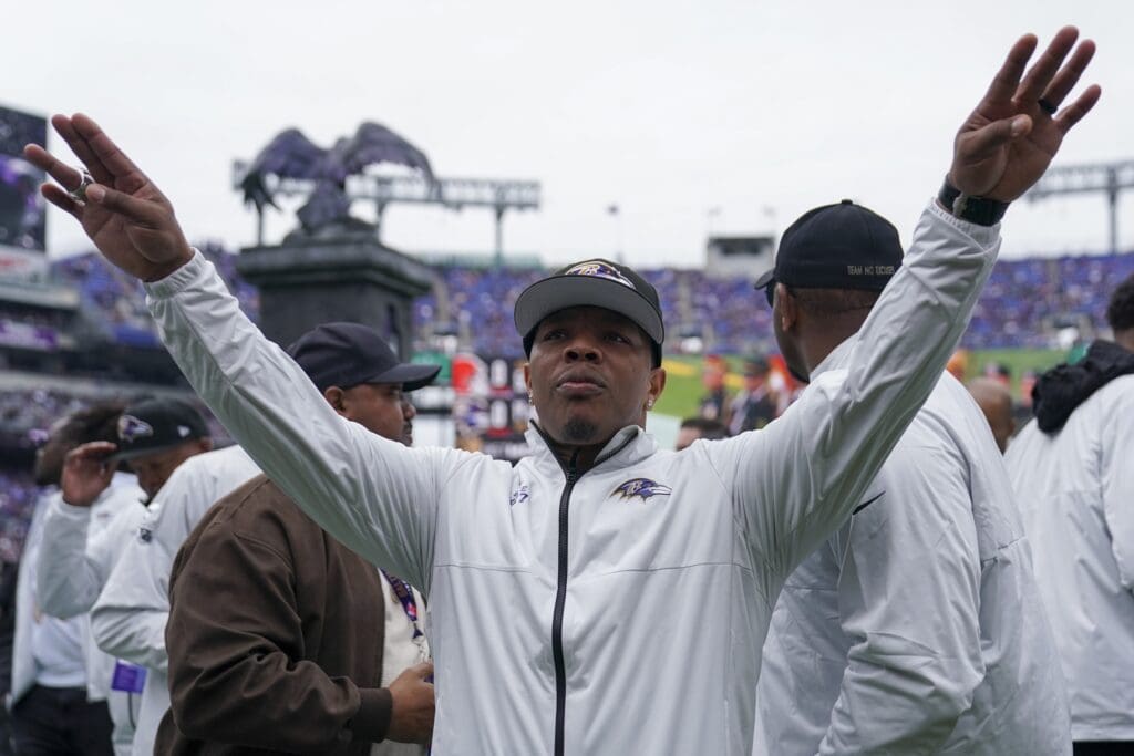 Oct 23, 2022; Baltimore, Maryland, USA; Ray Rice waves to the crowd after a pregame ceremony featuring the 2012 Super Bowl team as part of the 10-year anniversary celebration at M&T Bank Stadium. Mandatory Credit: Jessica Rapfogel-USA TODAY Sports