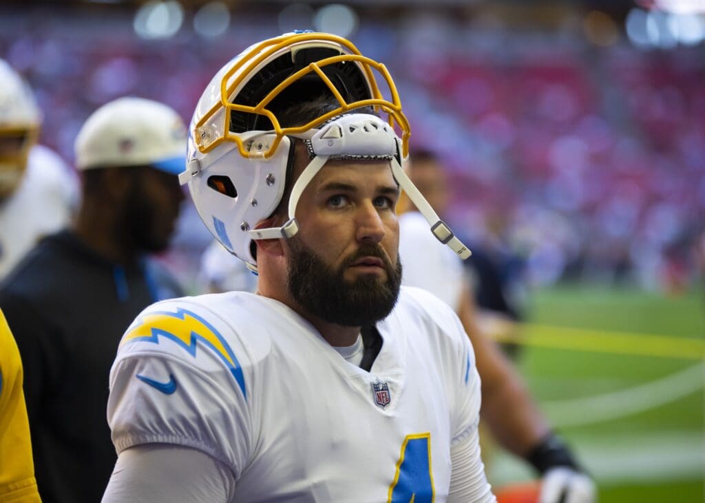 Nov 27, 2022; Glendale, Arizona, USA; Los Angeles Chargers quarterback Chase Daniel (4) against the Arizona Cardinals at State Farm Stadium. Mandatory Credit: Mark J. Rebilas-USA TODAY Sports