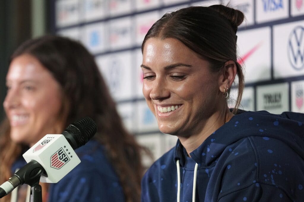 Jul 25, 2023; Auckland, NZL; United States players Alex Morgan (13), right, and Sofia Huerta (3) answer questions from journalists during a press conference amid the 2023 FIFA Women's World Cup. Mandatory Credit: Jenna Watson-USA TODAY Sports