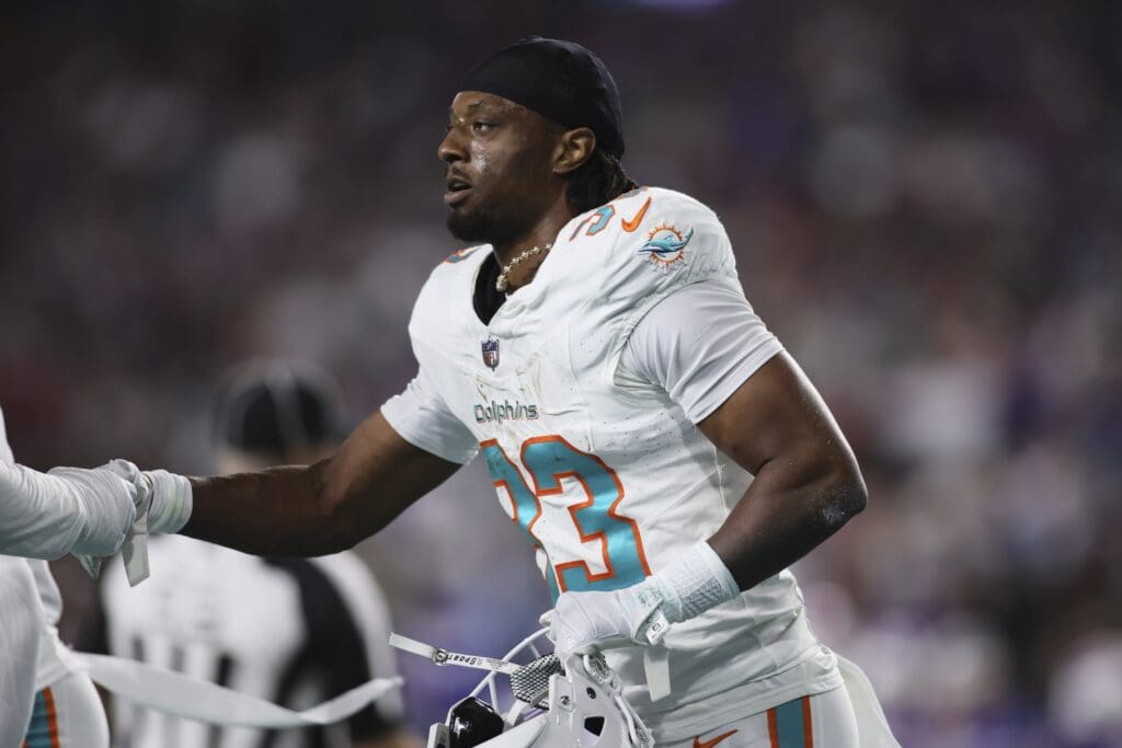 Jan 7, 2024; Miami Gardens, Florida, USA; Miami Dolphins cornerback Eli Apple (33) celebrates after intercepting the football against the Buffalo Bills during the first quarter at Hard Rock Stadium.