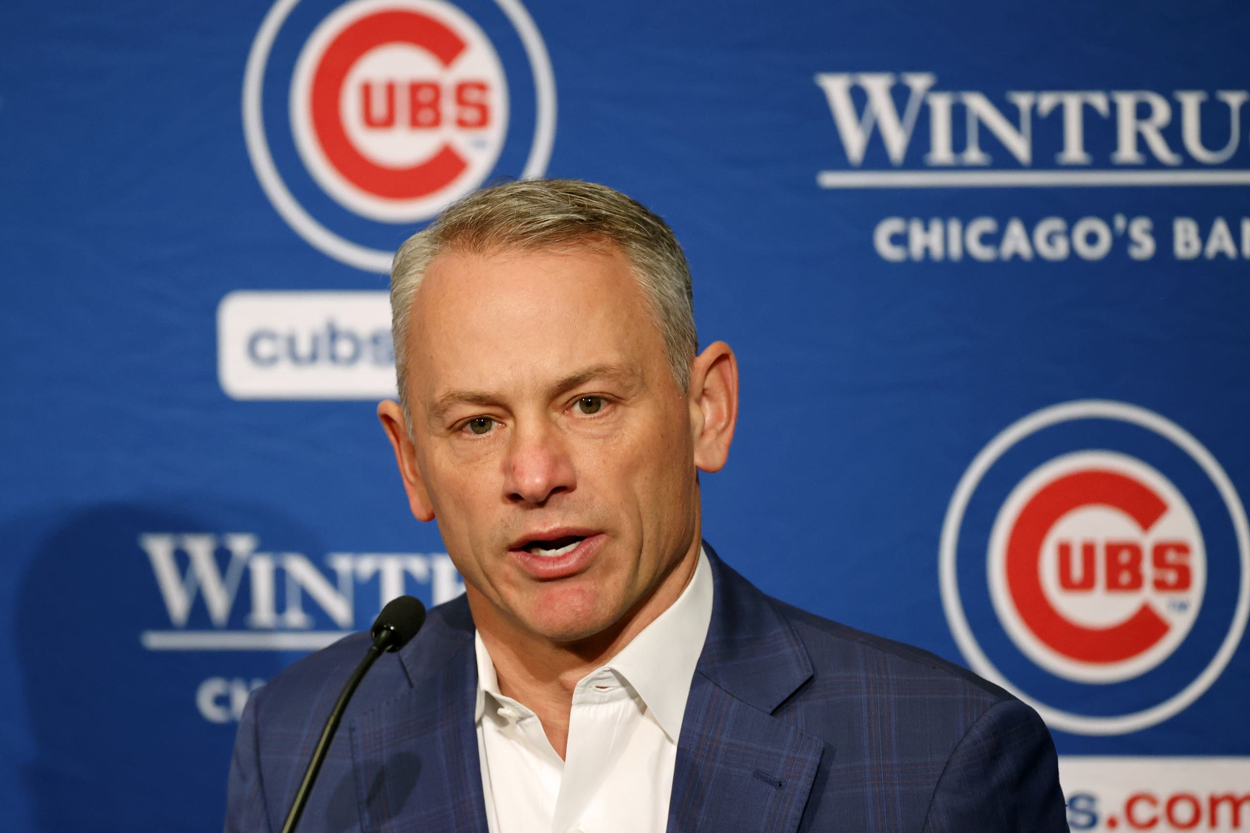 Jan 12, 2024; Chicago, IL, USA; Chicago Cubs president of baseball operations Jed Hoyer talks to the media after introducing pitcher Shota Imanaga (not pictured) during a press conference at Loews Chicago Hotel. Mandatory Credit: Kamil Krzaczynski-USA TODAY Sports