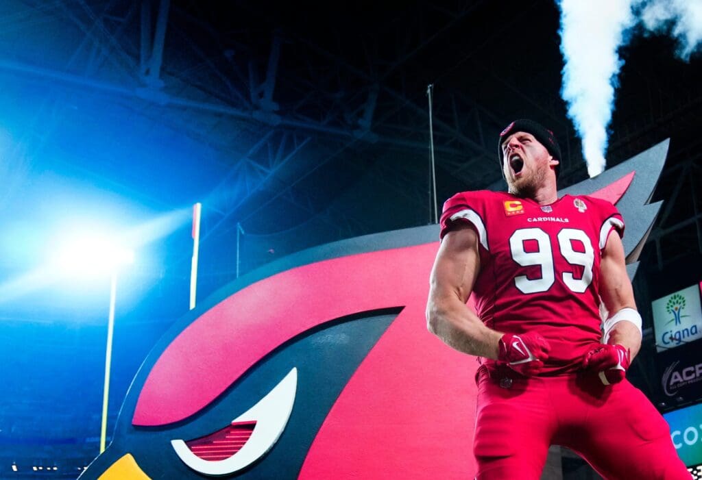 December 12, 2022; Glendale, Ariz; USA; Cardinals defensive lineman JJ Watt (99) comes onto the field prior to a game against the Patriots at State Farm Stadium.