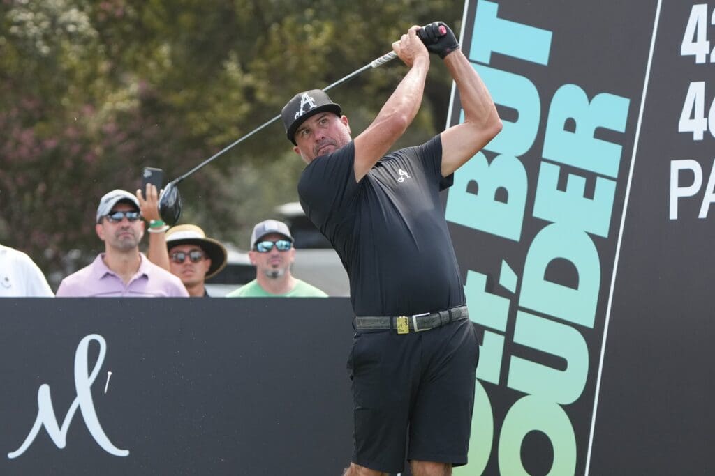 Sep 22, 2024; Carrolton, Texas, USA; Pat Perez of the 4Aces GC plays his shot from the tenth tee during the LIV Golf Dallas Team Championship Finals at Maridoe Golf Club.