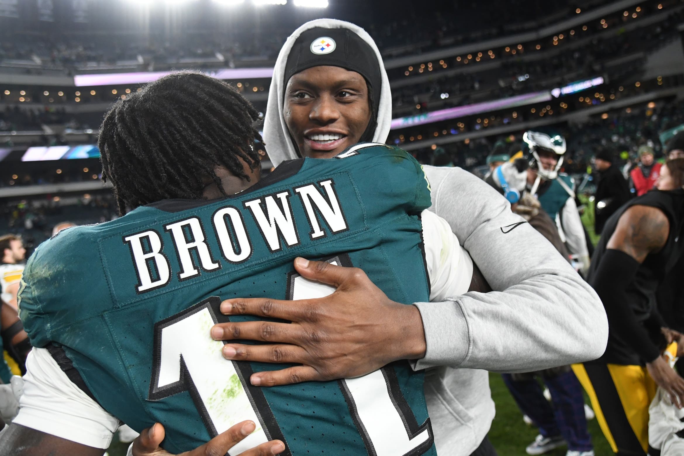Dec 15, 2024; Philadelphia, Pennsylvania, USA; Philadelphia Eagles wide receiver A.J. Brown (11) and Pittsburgh Steelers wide receiver George Pickens (14) on the field after game at Lincoln Financial Field. Mandatory Credit: Eric Hartline-Imagn Images