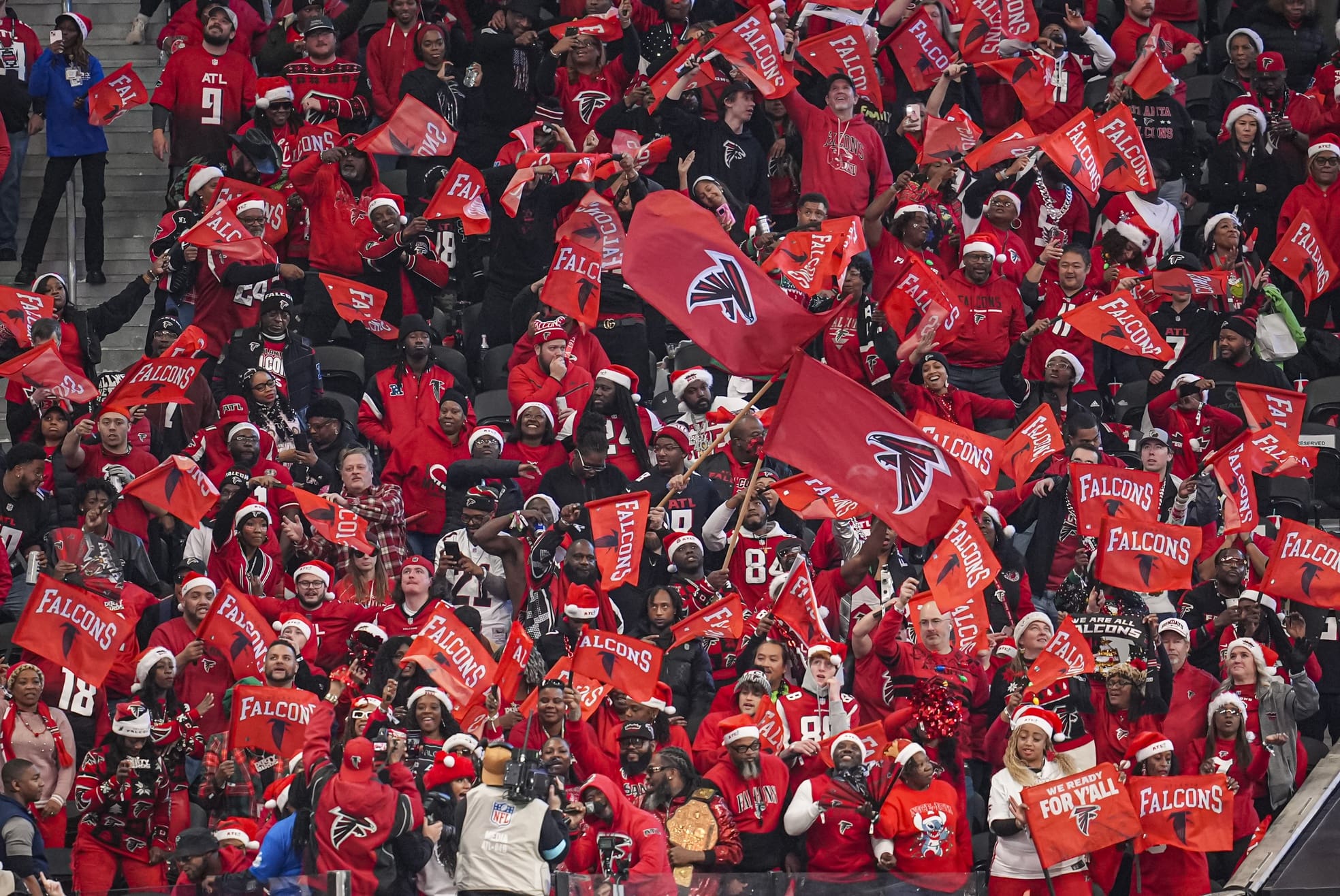 Dec 22, 2024; Atlanta, Georgia, USA; Atlanta Falcons fans react in the stands during the game against the New York Giants during the second half at Mercedes-Benz Stadium. Mandatory Credit: Dale Zanine-Imagn Images