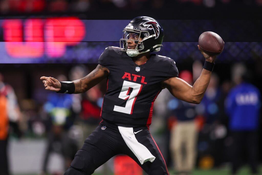 Jan 5, 2025; Atlanta, Georgia, USA; Atlanta Falcons quarterback Michael Penix Jr. (9) throws a pass against the Carolina Panthers in the third quarter at Mercedes-Benz Stadium. Mandatory Credit: Brett Davis-Imagn Images