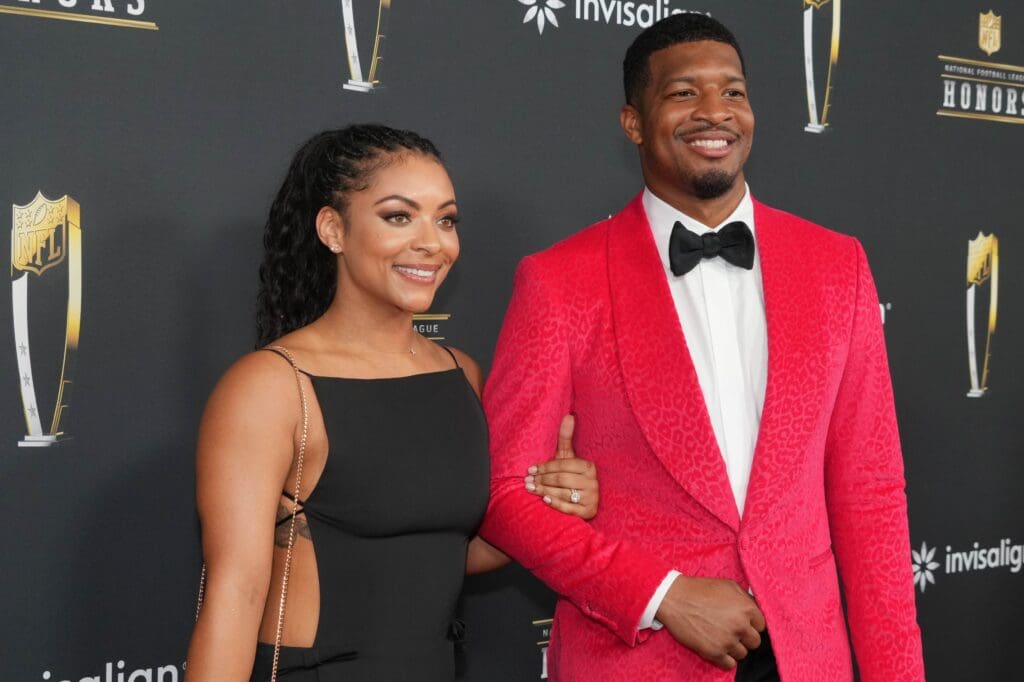 Feb 6, 2025; New Orleans, LA, USA; Jameis Winston and his wife Brieon Winston on the red carpet before Super Bowl LIX NFL Honors at Saenger Theatre. Mandatory Credit: Kirby Lee-Imagn Images