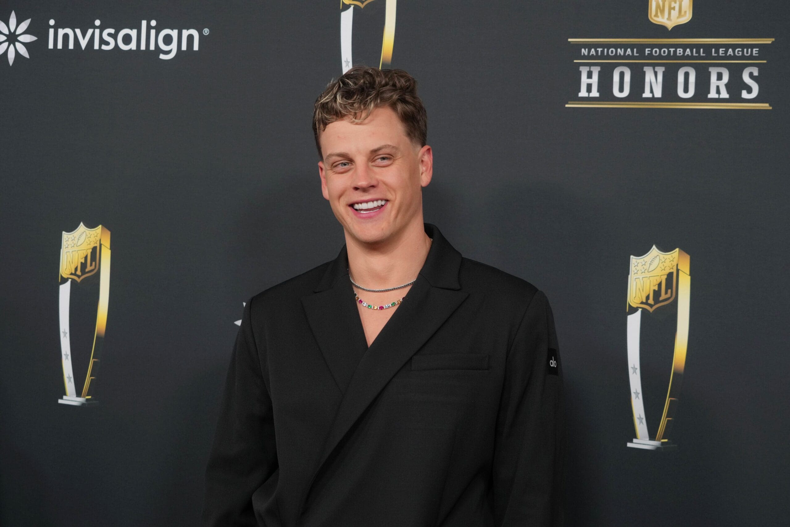 Feb 6, 2025; New Orleans, LA, USA; Joe Burrow on the red carpet before Super Bowl LIX NFL Honors at Saenger Theatre. Mandatory Credit: Kirby Lee-Imagn Images