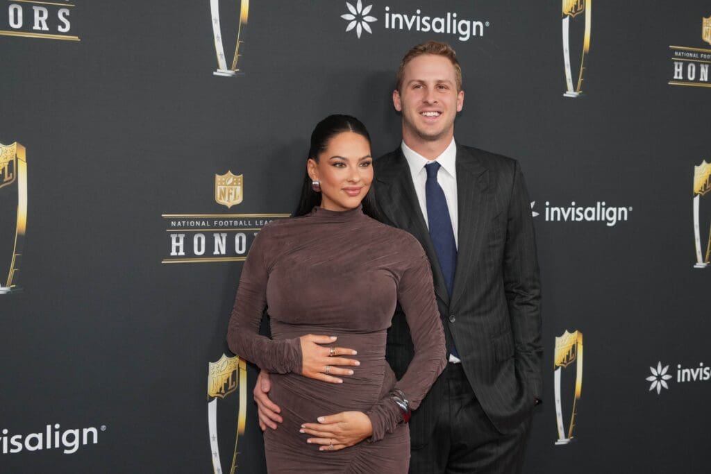 Feb 6, 2025; New Orleans, LA, USA; Jared Goff and his wife Christen Harper on the red carpet before Super Bowl LIX NFL Honors at Saenger Theatre. Mandatory Credit: Kirby Lee-Imagn Images