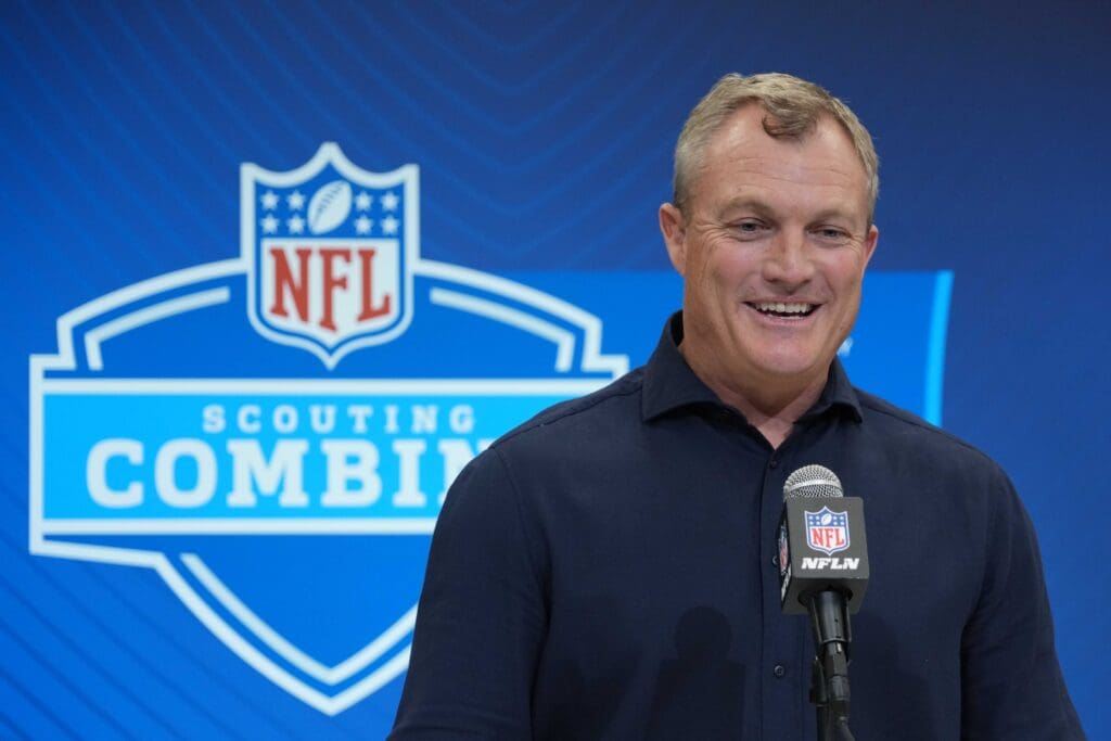 Feb 27, 2025; Indianapolis, IN, USA; San Francisco 49ers general manager John Lynch speaks during the 2025 NFL Scouting Combine at the Indiana Convention Center.