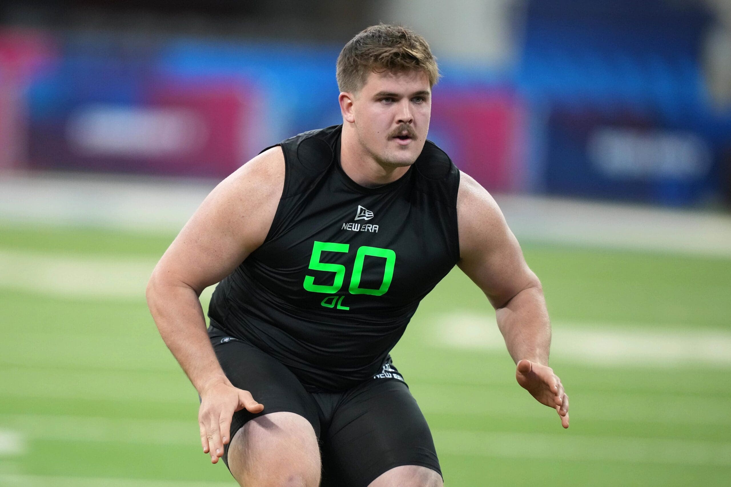 Mar 2, 2025; Indianapolis, IN, USA; North Dakota State offensive lineman Grey Zabel (OL50) during the 2025 NFL Scouting Combine at Lucas Oil Stadium. Mandatory Credit: Kirby Lee-Imagn Images