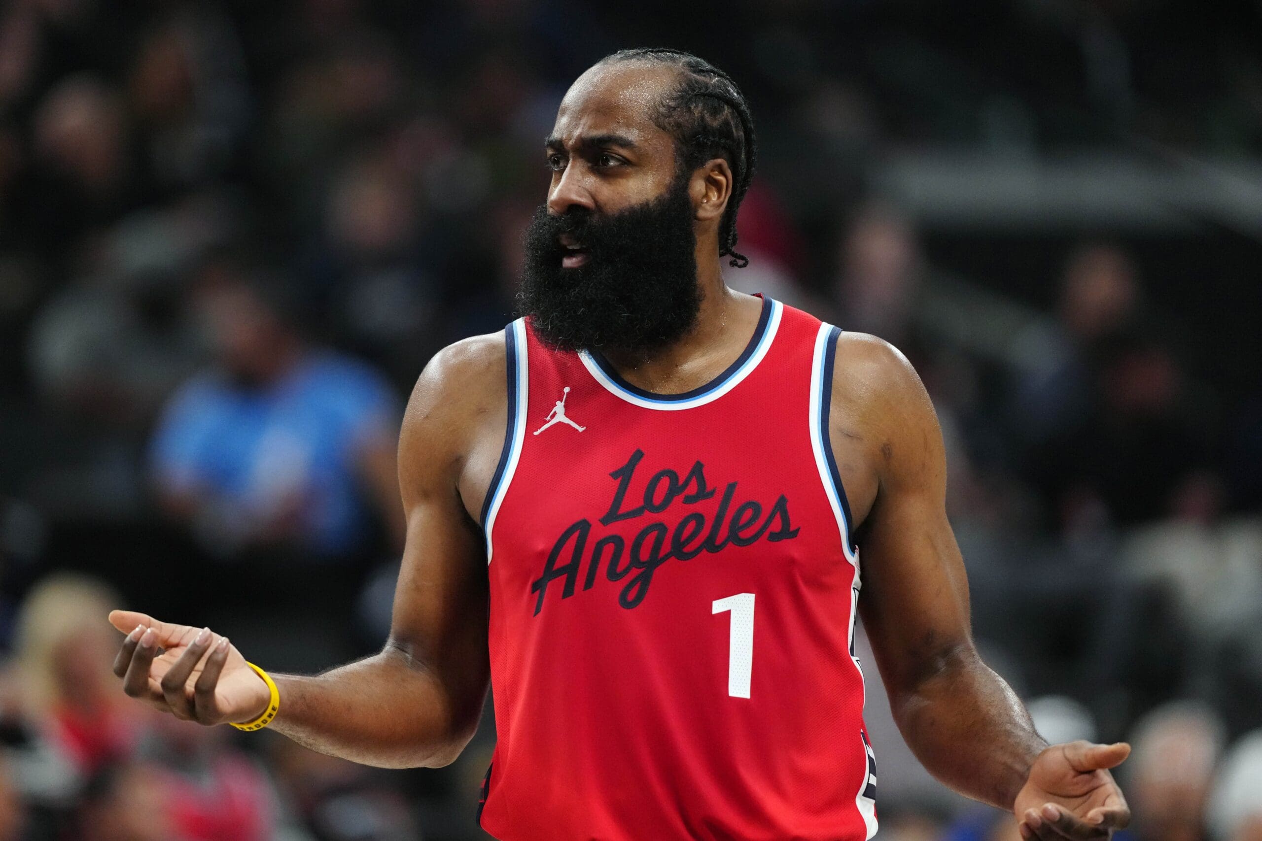 Apr 8, 2025; Inglewood, California, USA; LA Clippers guard James Harden (1) reacts against the San Antonio Spurs in the first half at Intuit Dome. Mandatory Credit: Kirby Lee-Imagn Images