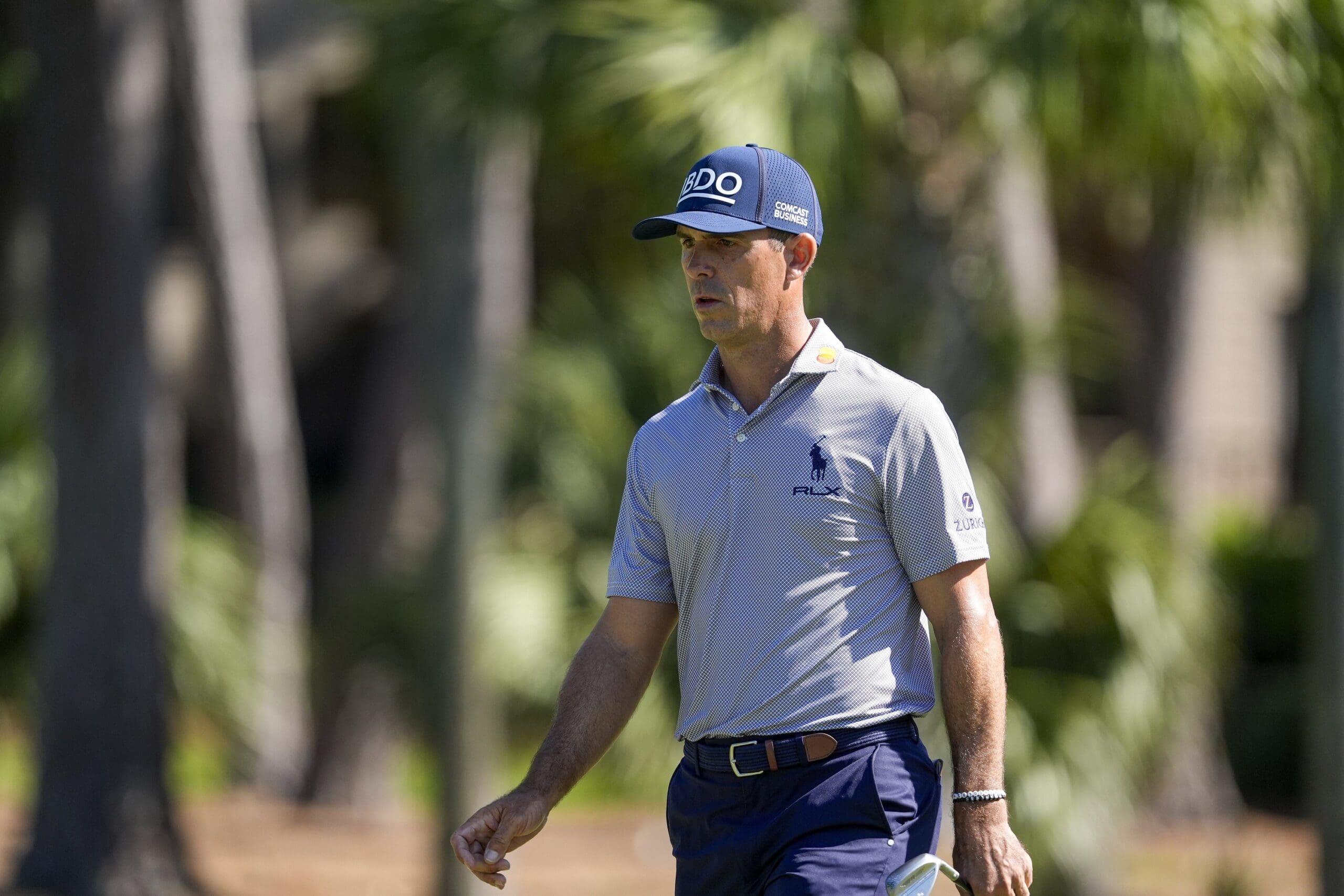 Apr 18, 2025; Hilton Head, South Carolina, USA; Billy Horschel walks up to two green during the second round of the RBC Heritage golf tournament. Mandatory Credit: Jim Dedmon-Imagn Images