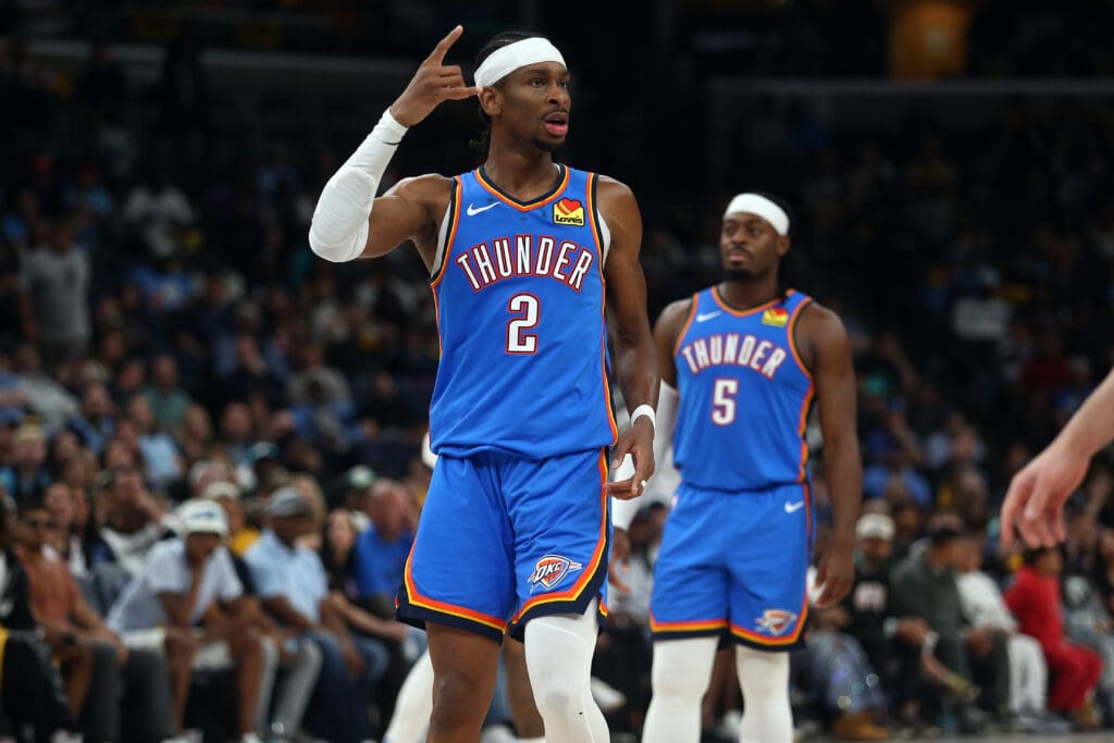 Apr 26, 2025; Memphis, Tennessee, USA; Oklahoma City Thunder guard Shai Gilgeous-Alexander (2) reacts during the fourth quarter against the Memphis Grizzlies during game four for the first round of the 2024 NBA Playoffs at FedExForum.