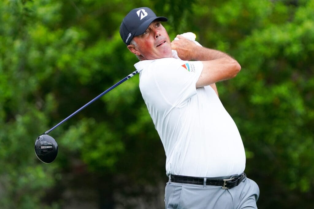 May 1, 2025; McKinney, Texas, USA; Matt Kuchar plays his shot from the sixth tee during the first round of the THE CJ CUP Byron Nelson golf tournament. Mandatory Credit: Raymond Carlin III-Imagn Images