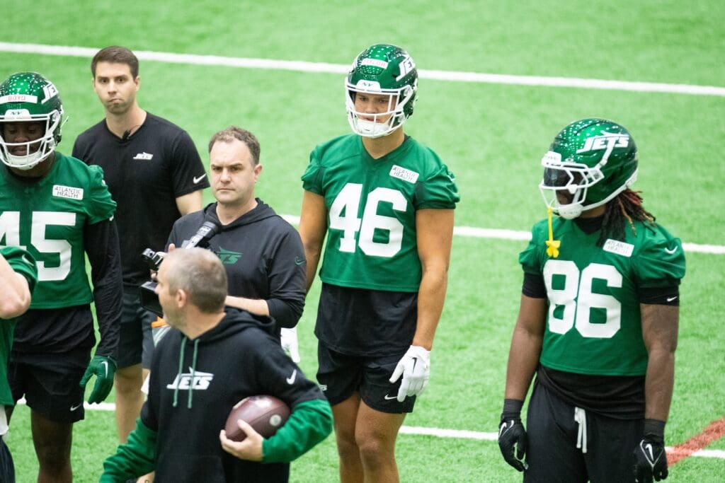 May 9, 2025; Florham Park, NJ, USA; New York Jets rookie tight end Mason Taylor (46) participates in a drill during the minicamp at Atlantic Health Jets Training Center. Mandatory Credit: Thomas Salus-Imagn Images