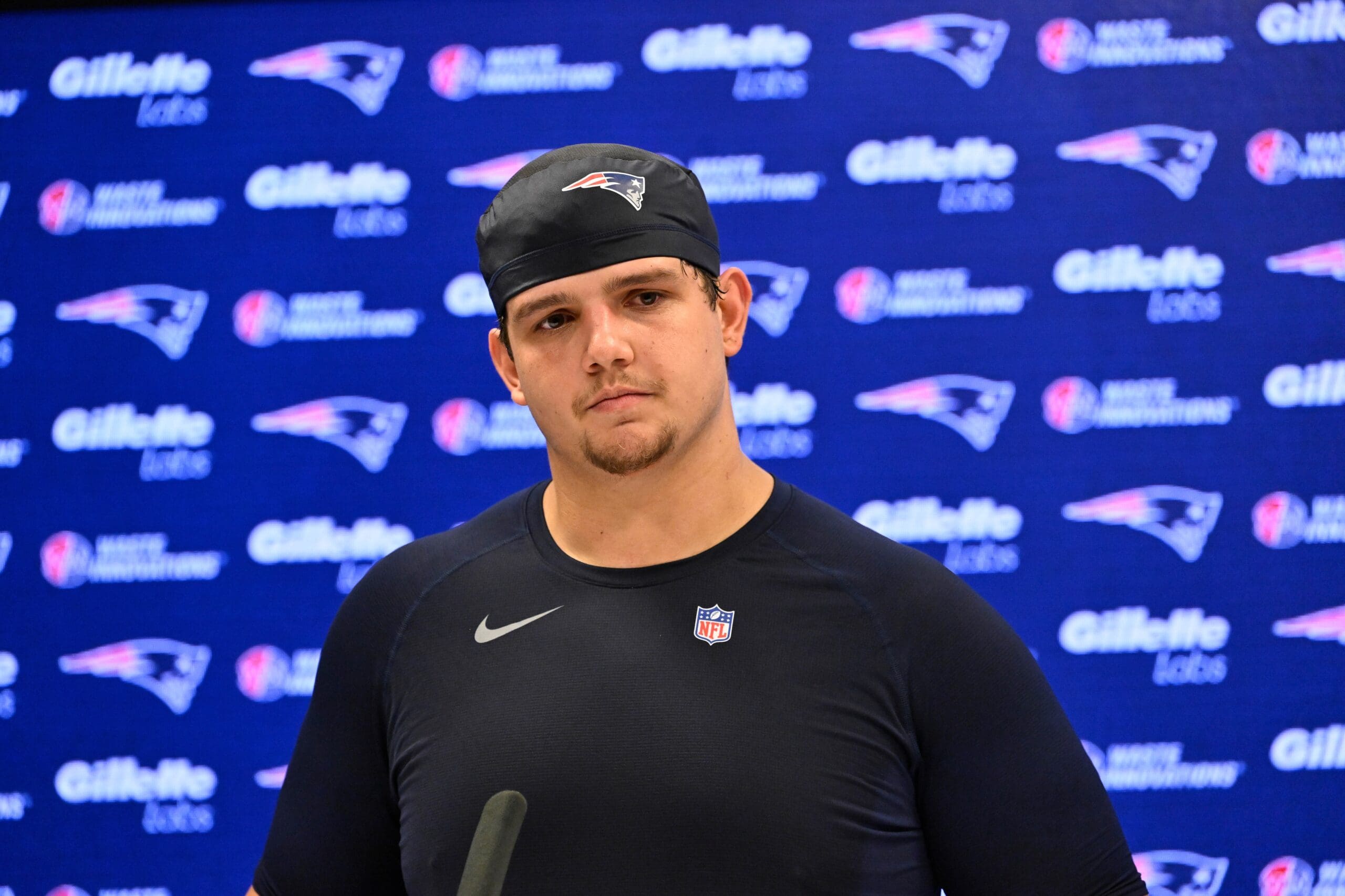 May 9, 2025; Foxborough, MA, USA; New England Patriots offensive tackle Will Campbell (66) speaks to the media after rookie camp at Gillette Stadium. Mandatory Credit: Eric Canha-Imagn Images