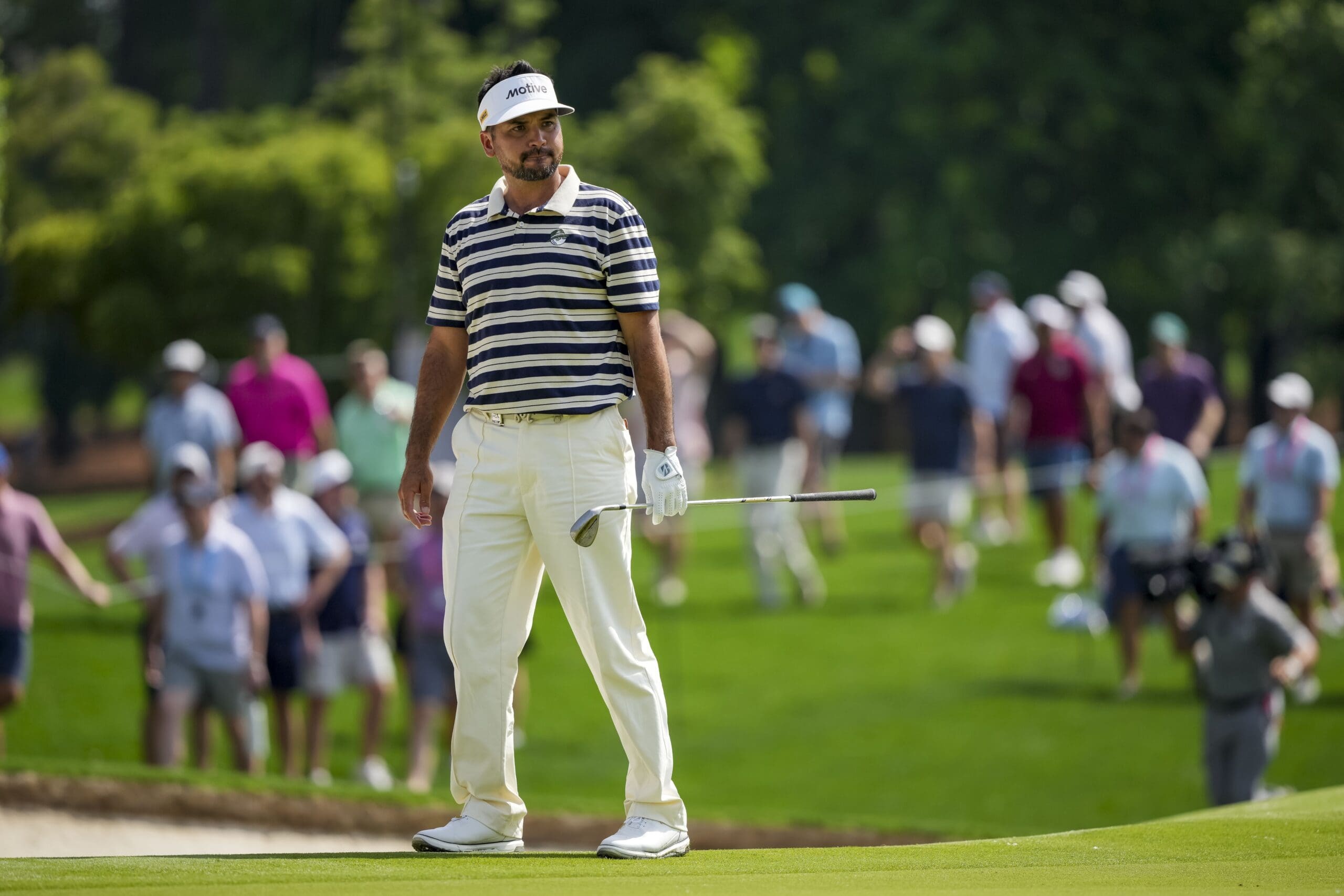 May 15, 2025; Charlotte, North Carolina, USA; Jason Day watches a putt during the first round of the PGA Championship golf tournament at Quail Hollow. Mandatory Credit: Aaron Doster-Imagn Images