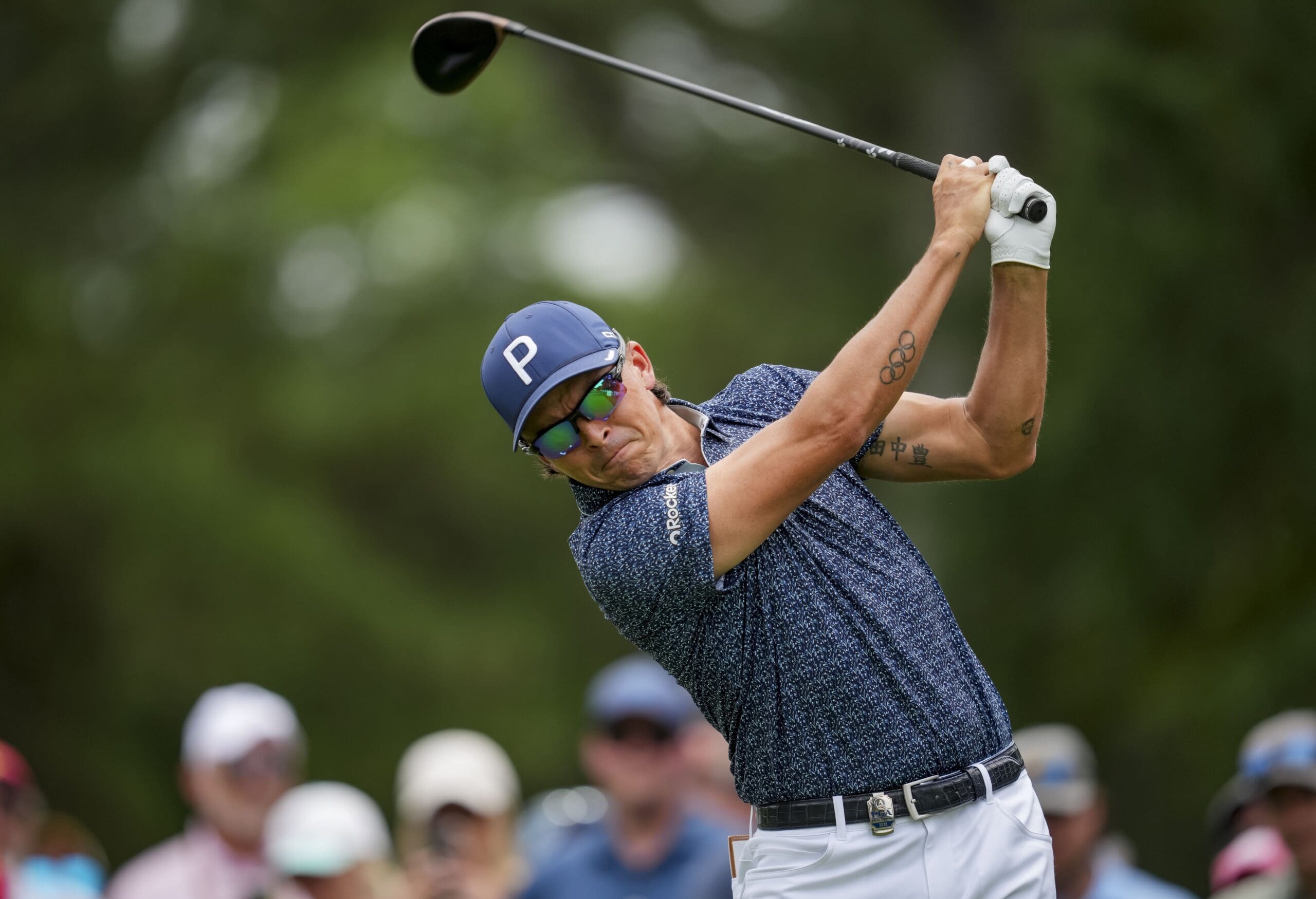 May 16, 2025; Charlotte, North Carolina, USA; Rickie Fowler tees off on the third hole during the second round of the PGA Championship golf tournament at Quail Hollow. Mandatory Credit: Aaron Doster-Imagn Images