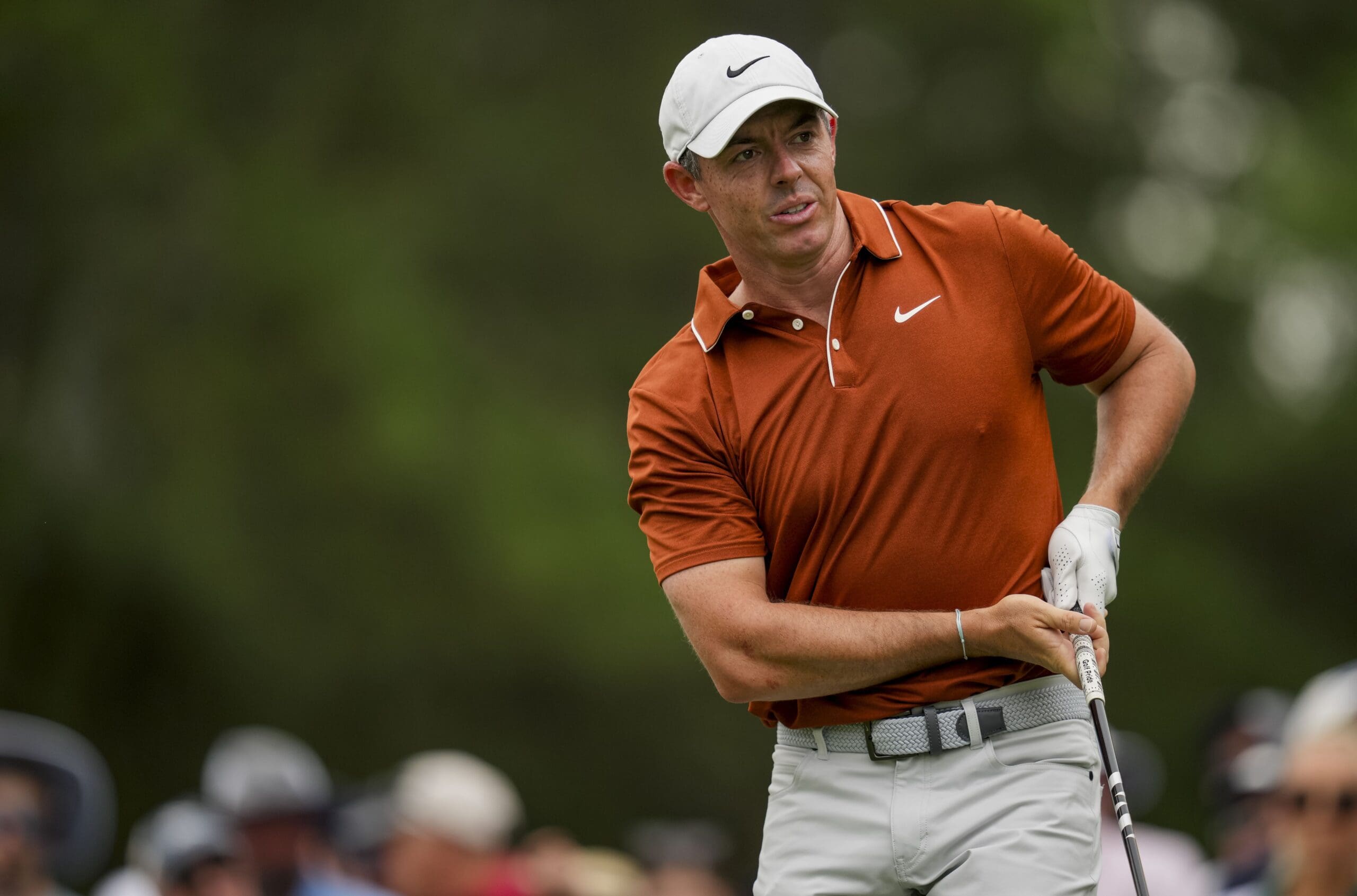 May 16, 2025; Charlotte, North Carolina, USA; Rory McIlroy tees off at the third hole during the second round of the PGA Championship golf tournament at Quail Hollow. Mandatory Credit: Aaron Doster-Imagn Images