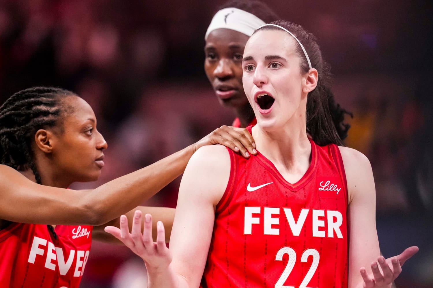 Indiana Fever guard Caitlin Clark (22) reacts to receiving a flagrant foul Saturday, May 17, 2025, during a game between the Indiana Fever and the Chicago Sky at Gainbridge Fieldhouse in Indianapolis. The Indiana Fever defeated the Chicago Sky, 93-58.