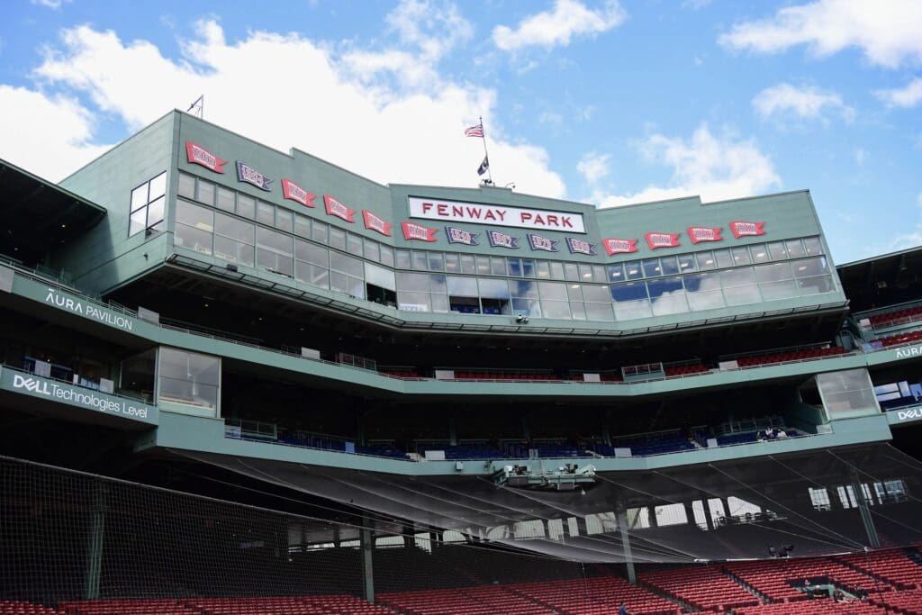 May 18, 2025; Boston, Massachusetts, USA; A view of the press box prior to a game between the Boston Red Sox and Atlanta Braves at Fenway Park. Mandatory Credit: Bob DeChiara-Imagn Images