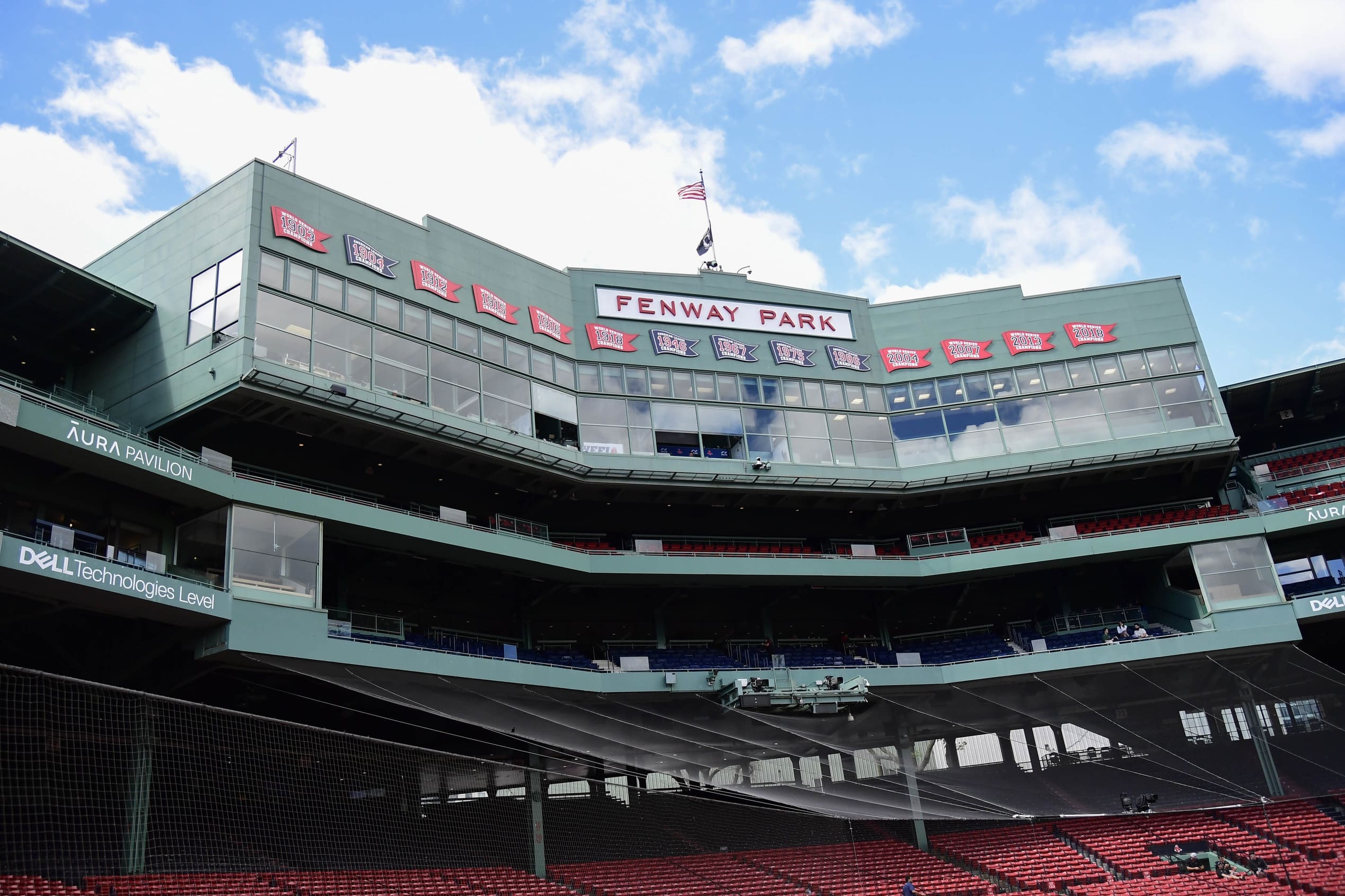 May 18, 2025; Boston, Massachusetts, USA; A view of the press box prior to a game between the Boston Red Sox and Atlanta Braves at Fenway Park. Mandatory Credit: Bob DeChiara-Imagn Images