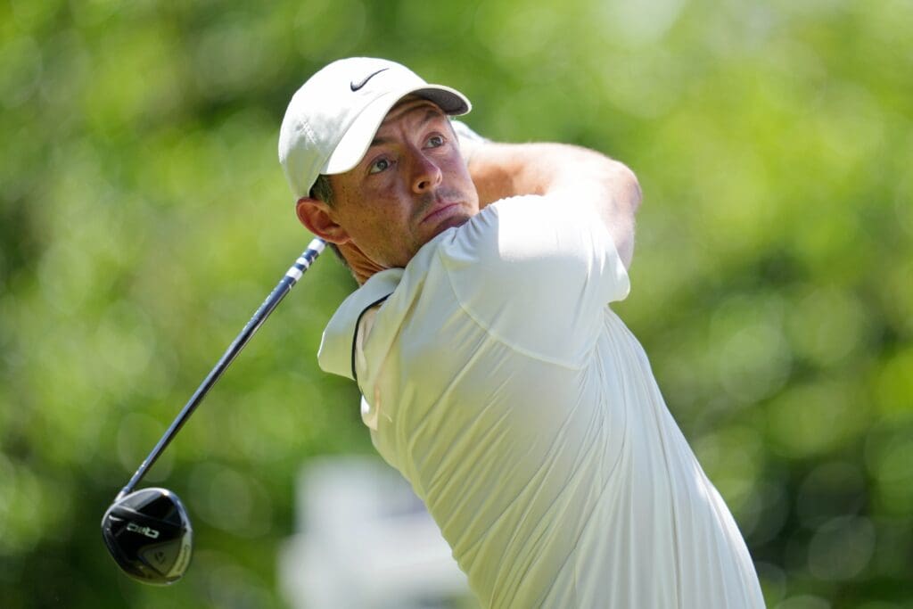 May 18, 2025; Charlotte, North Carolina, USA; Rory McIlroy tees off on the 14th hole during the final round of the PGA Championship golf tournament at Quail Hollow. Mandatory Credit: Aaron Doster-Imagn Images