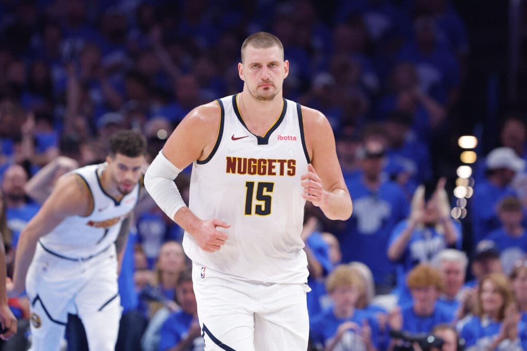 May 18, 2025; Oklahoma City, Oklahoma, USA; Denver Nuggets center Nikola Jokic (15) runs down the court against the Oklahoma City Thunder in the second quarter during game seven of the second round for the 2025 NBA Playoffs at Paycom Center.