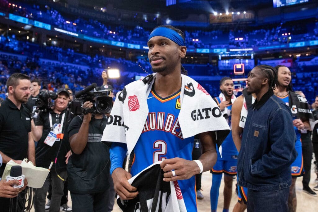 May 18, 2025; Oklahoma City, Oklahoma, USA; Oklahoma City Thunder guard Shai Gilgeous-Alexander (2) walks off the court after his team defeated the Denver Nuggets in game seven of the second round for the 2025 NBA Playoffs at Paycom Center.