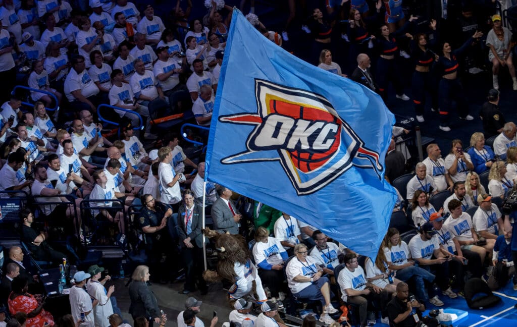 May 20, 2025; Oklahoma City, Oklahoma, USA; Oklahoma City Thunder fans in the fourth quarter against the Minnesota Timberwolves during game one of the western conference finals for the 2025 NBA Playoffs at Paycom Center.