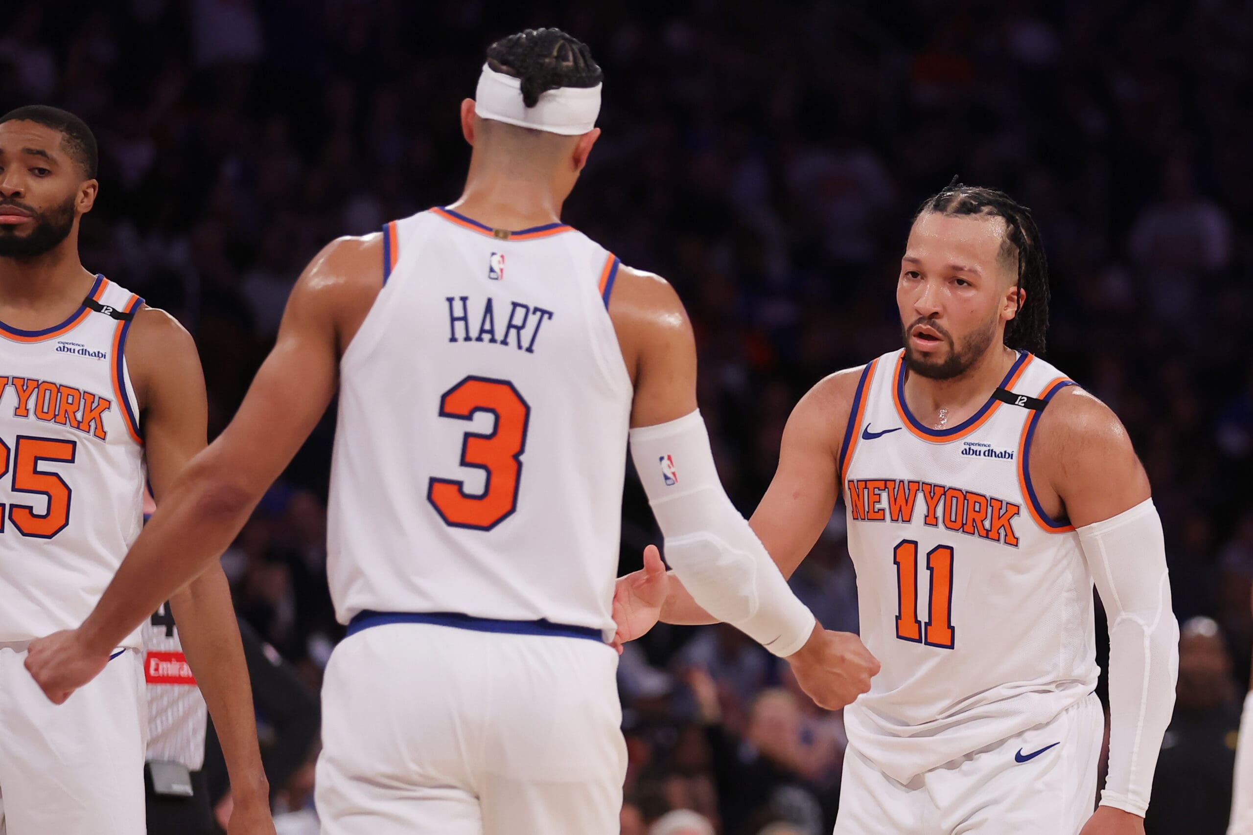 May 21, 2025; New York, New York, USA; New York Knicks guard Jalen Brunson (11) and guard Josh Hart (3) react in the third quarter against the Indiana Pacers during game one of the eastern conference finals for the 2025 NBA Playoffs at Madison Square Garden.