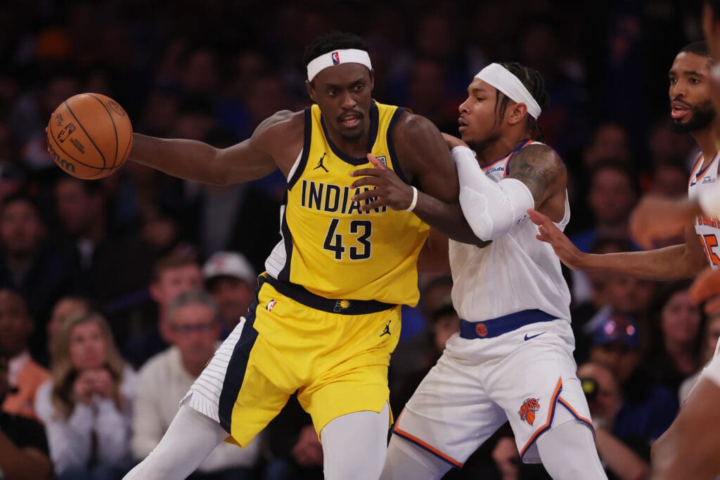 May 21, 2025; New York, New York, USA; Indiana Pacers forward Pascal Siakam (43) controls the ball against New York Knicks guard Miles McBride (2) in the third quarter during game one of the eastern conference finals for the 2025 NBA Playoffs at Madison Square Garden.
