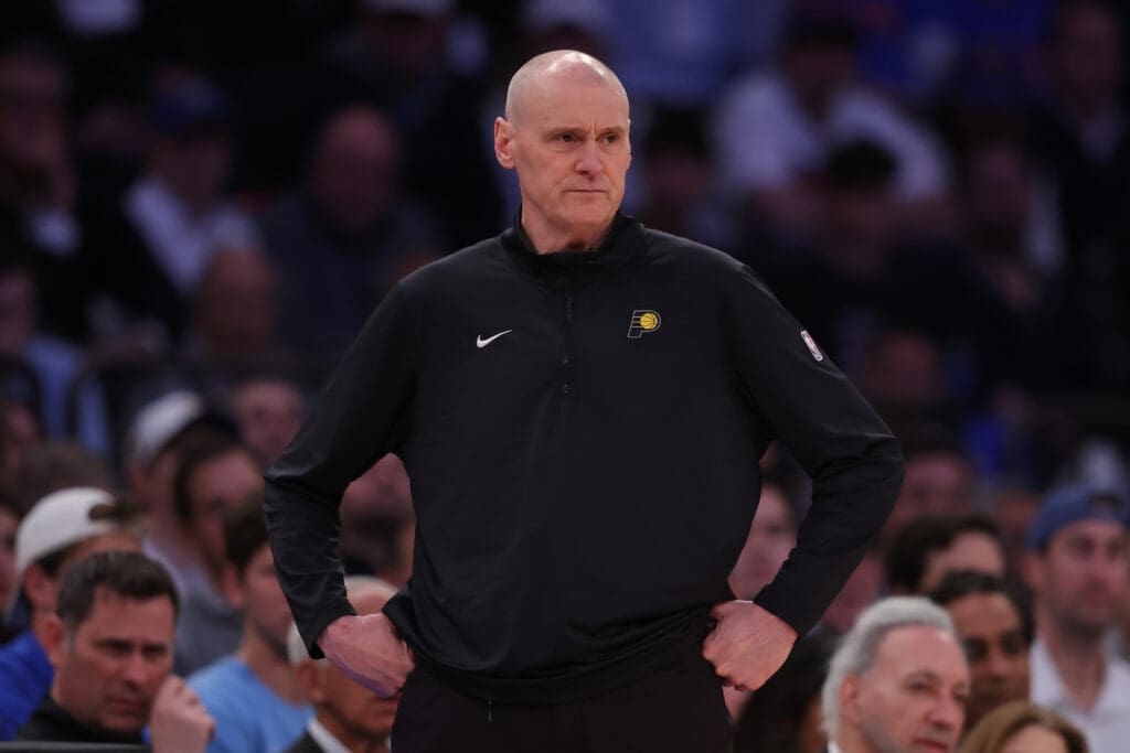 May 21, 2025; New York, New York, USA; Indiana Pacers head coach Rick Carlisle looks on in the third quarter against the New York Knicks during game one of the eastern conference finals for the 2025 NBA Playoffs at Madison Square Garden.