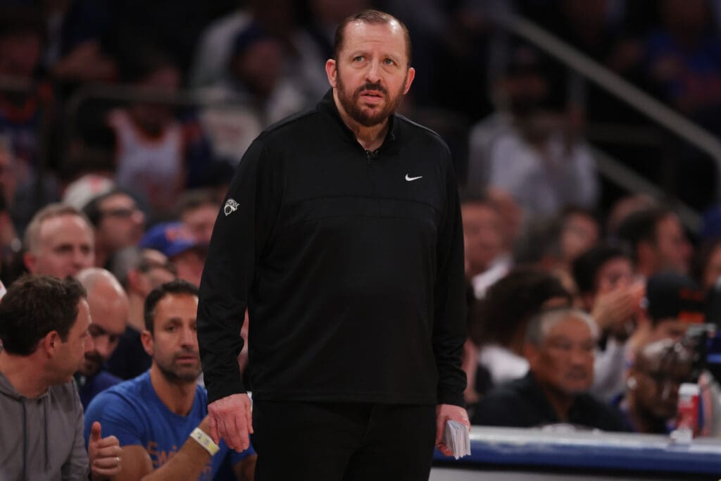 May 21, 2025; New York, New York, USA; New York Knicks head coach Tom Thibodeau looks on in the third quarter against the Indiana Pacers during game one of the eastern conference finals for the 2025 NBA Playoffs at Madison Square Garden.