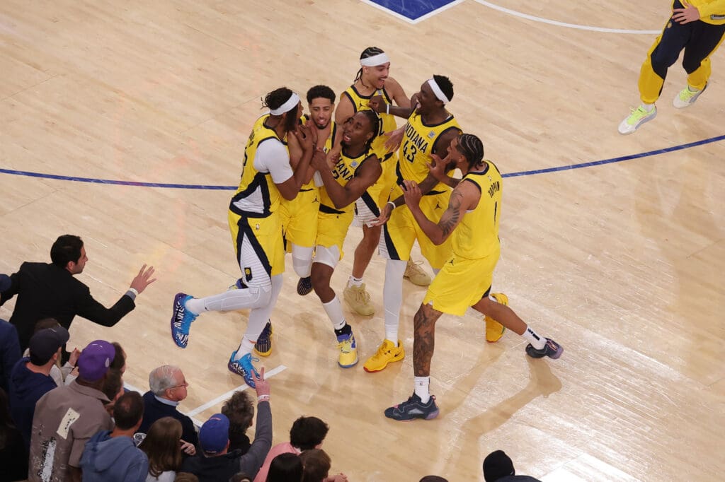 May 21, 2025; New York, New York, USA; Indiana Pacers guard Tyrese Haliburton (0) celebrates with teammates after tying the game in the fourth quarter to send the game to overtime against the New York Knicks during game one of the eastern conference finals for the 2025 NBA Playoffs at Madison Square Garden