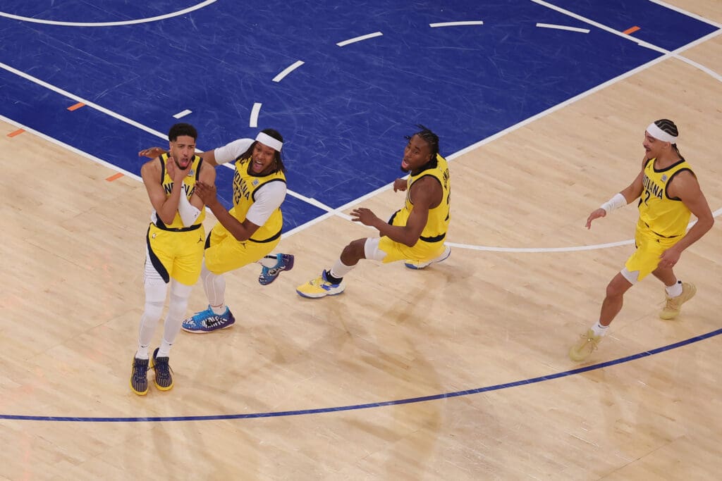 May 21, 2025; New York, New York, USA; Indiana Pacers guard Tyrese Haliburton (0) celebrates with teammates after tying the game in the fourth quarter to send the game to overtime against the New York Knicks during game one of the eastern conference finals for the 2025 NBA Playoffs at Madison Square Garden