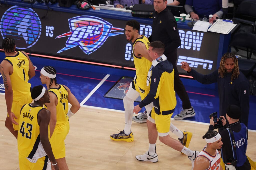 May 21, 2025; New York, New York, USA; Indiana Pacers guard Tyrese Haliburton (0) celebrates after defeating the New York Knicks in game one of the eastern conference finals for the 2025 NBA Playoffs at Madison Square Garden.