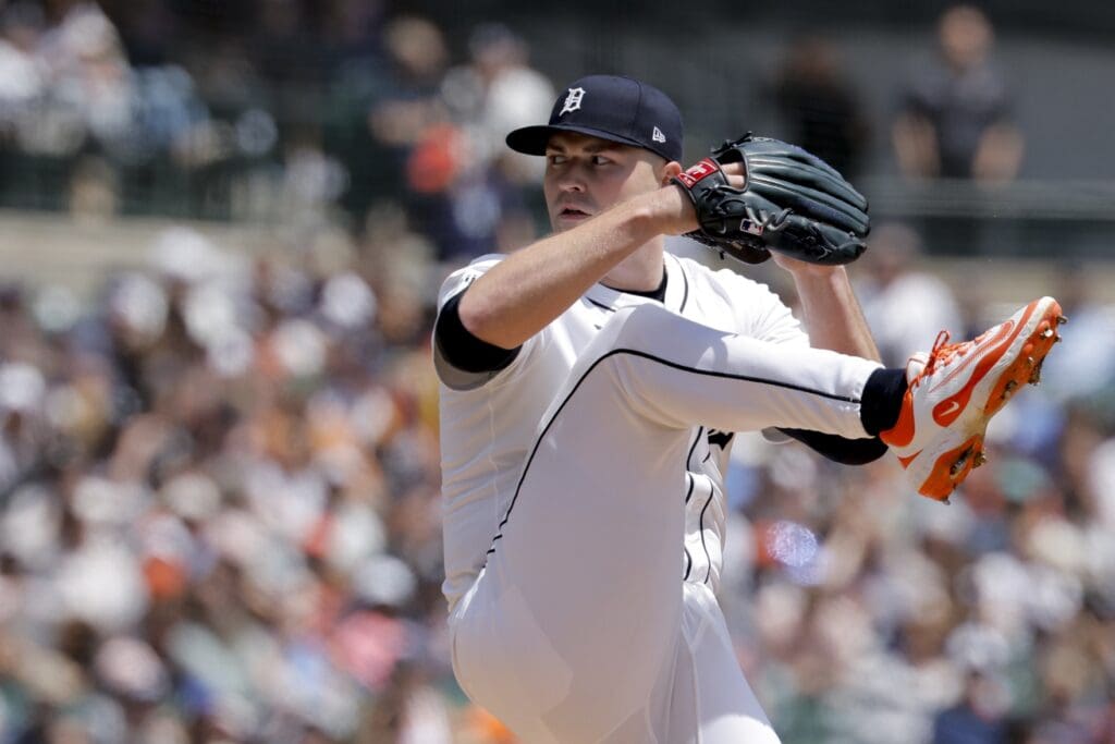 May 25, 2025; Detroit, Michigan, USA; Detroit Tigers pitcher Tarik Skubal (29) pitches in the ninth inning against the Cleveland Guardians at Comerica Park. Mandatory Credit: Rick Osentoski-Imagn Images