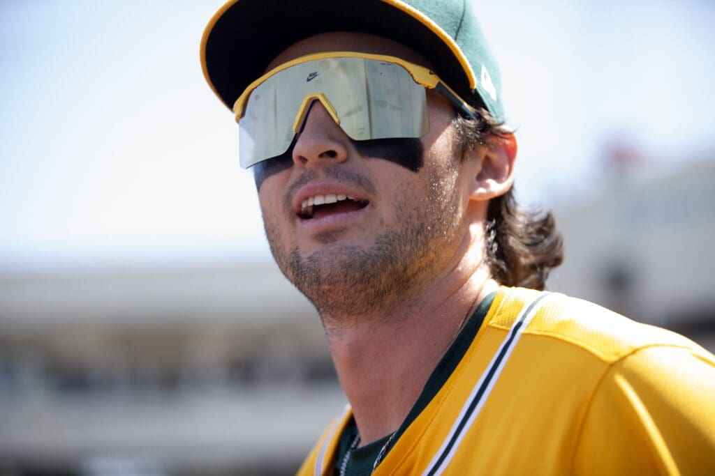 May 25, 2025; West Sacramento, California, USA; Athletics shortstop Jacob Wilson, who went 3-4 in the game against the Philadelphia Phillies, celebrates a 6-5 victory at Sutter Health Park. Mandatory Credit: D. Ross Cameron-Imagn Images