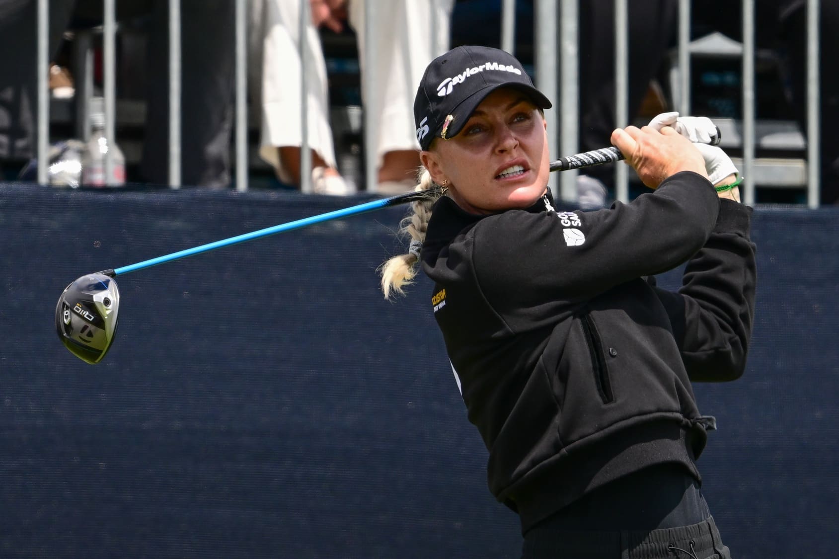 May 29, 2025; Erin, Wisconsin, USA; Charley Hull tees off at the 1st hole during the first round of the U.S. Women's Open golf tournament. Mandatory Credit: Benny Sieu-Imagn Images