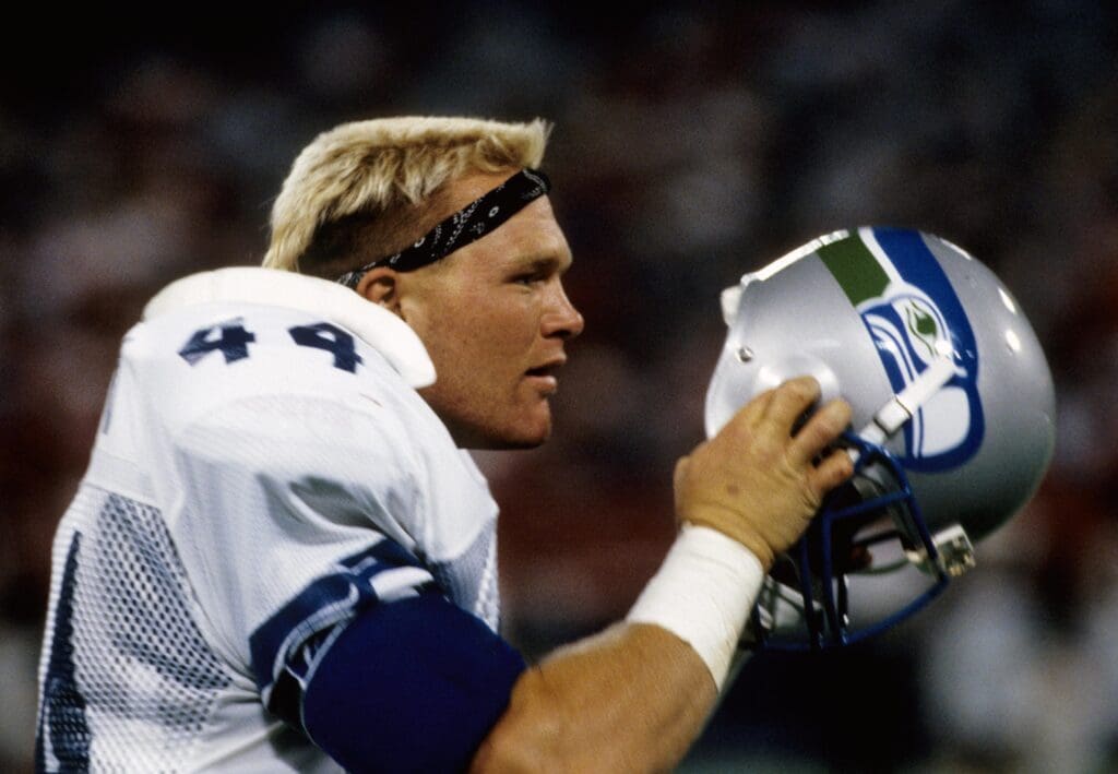 Aug 22, 1987; St. Louis, MO, USA; FILE PHOTO; Seattle Seahawks linebacker Brian Bosworth (44) against the St. Louis Cardinals at Busch Stadium. Mandatory Credit: Herb Weitman-USA TODAY Sports