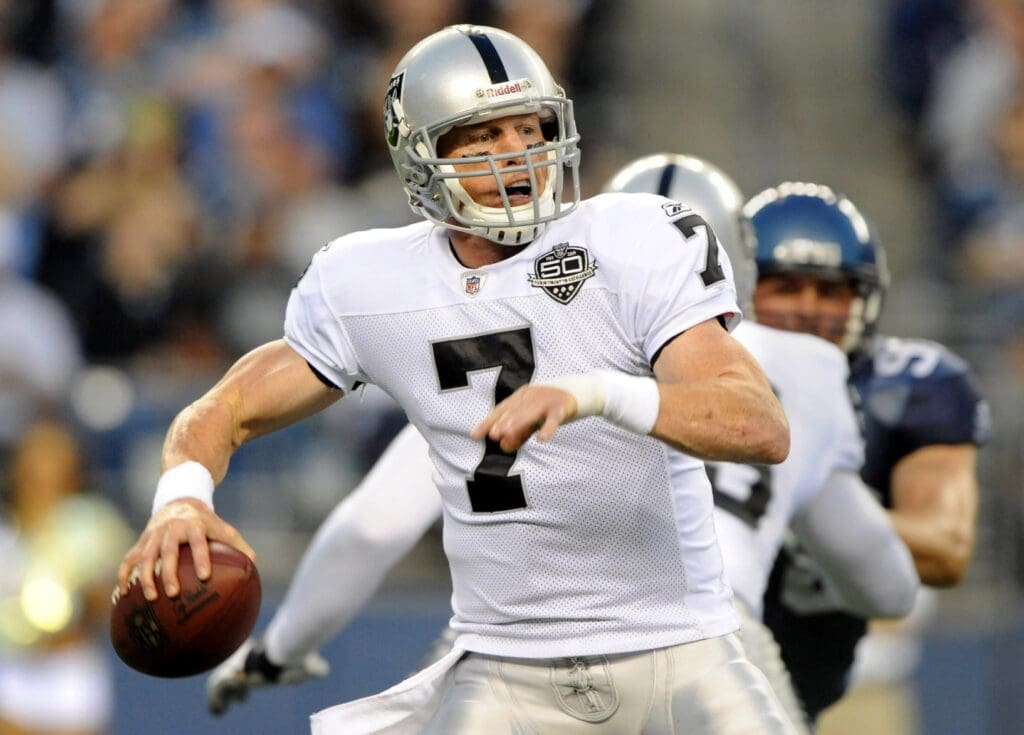 Sep 3, 2009; Seattle, WA, USA; Oakland Raiders quarterback Jeff Garcia (7) throws a pass during the game against the Seattle Seahawks at Qwest Field. Mandatory Credit: Kirby Lee/Image of Sport-USA TODAY Sports