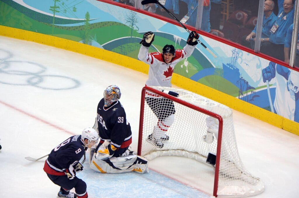 Feb 28, 2010; Vancouver, BC, CANADA; Canada forward Sidney Crosby (87) scores the game winning goal in overtime against the USA during the mens hockey gold medal match in the 2010 Vancouver Winter Olympics at Canada Hockey Place. Mandatory Credit: Kyle Terada-USA TODAY Sports