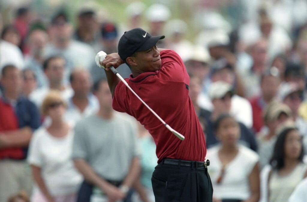Jun 2, 1997; Dublin, OH, USA; FILE PHOTO; Tiger Woods tees off on the tenth hole during the Memorial Tournament at Muirfield Village Golf Club. Mandatory Credit: Matthew Emmons-USA TODAY Sports