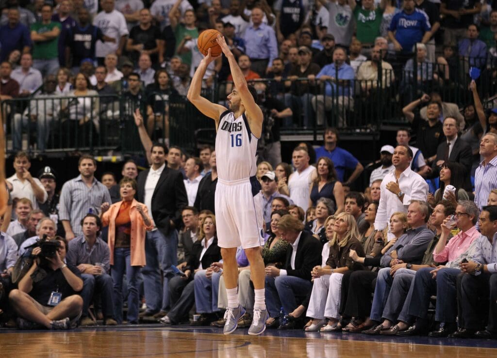 Apr 25, 2011; Dallas, TX, USA; Dallas Mavericks forward Peja Stojakovic (16) shoots a three point basket in the second half of game five against the Portland Trail Blazers of the first round of the 2011 NBA playoffs at American Airlines Center. Mandatory Credit: Matthew Emmons-USA TODAY Sports