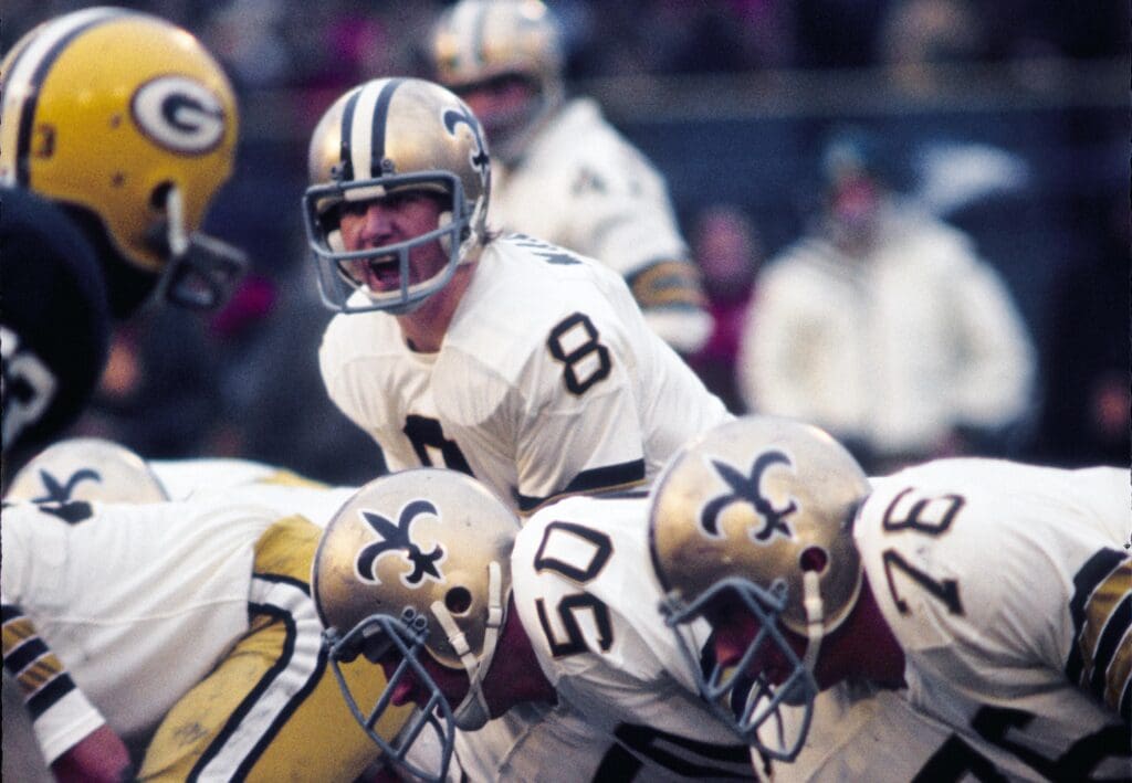 Nov 28, 1971; Milwaukee, WI, USA; FILE PHOTO; New Orleans Saints quarterback Archie Manning (8) in action against the Green Bay Packers at County Stadium. Mandatory Credit: Malcolm Emmons-USA TODAY Sports