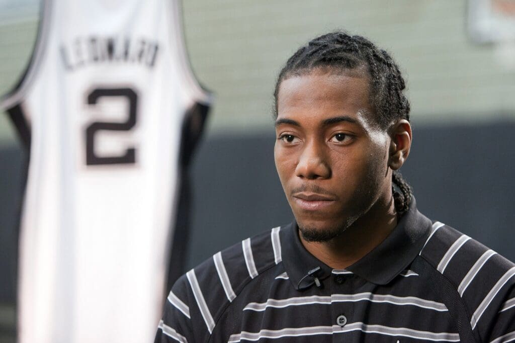 Jun 25, 2011; San Antonio, TX, USA; San Antonio Spurs draft pick Kawhi Leonard is interviewed at a press conference at Spurs practice facility. Mandatory Credit: Soobum Im-USA TODAY Sports